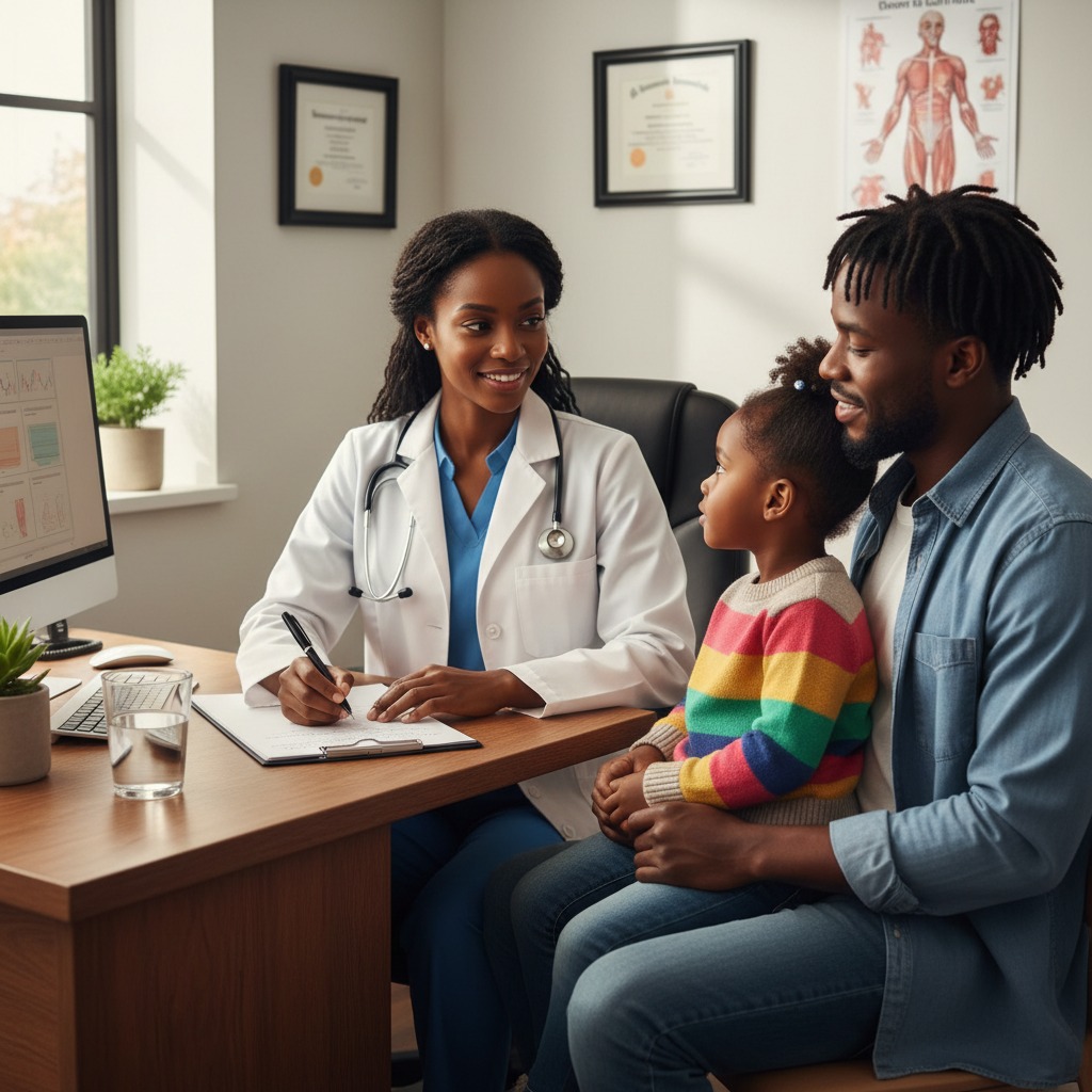 wefitkids doctor interviewing a young daughter while the child sits on her father's lap.