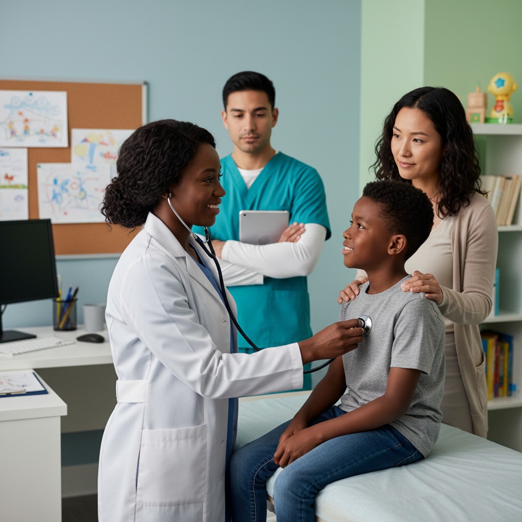 we fit kids - picture of doctor holding a stethoscope to the chest of a child